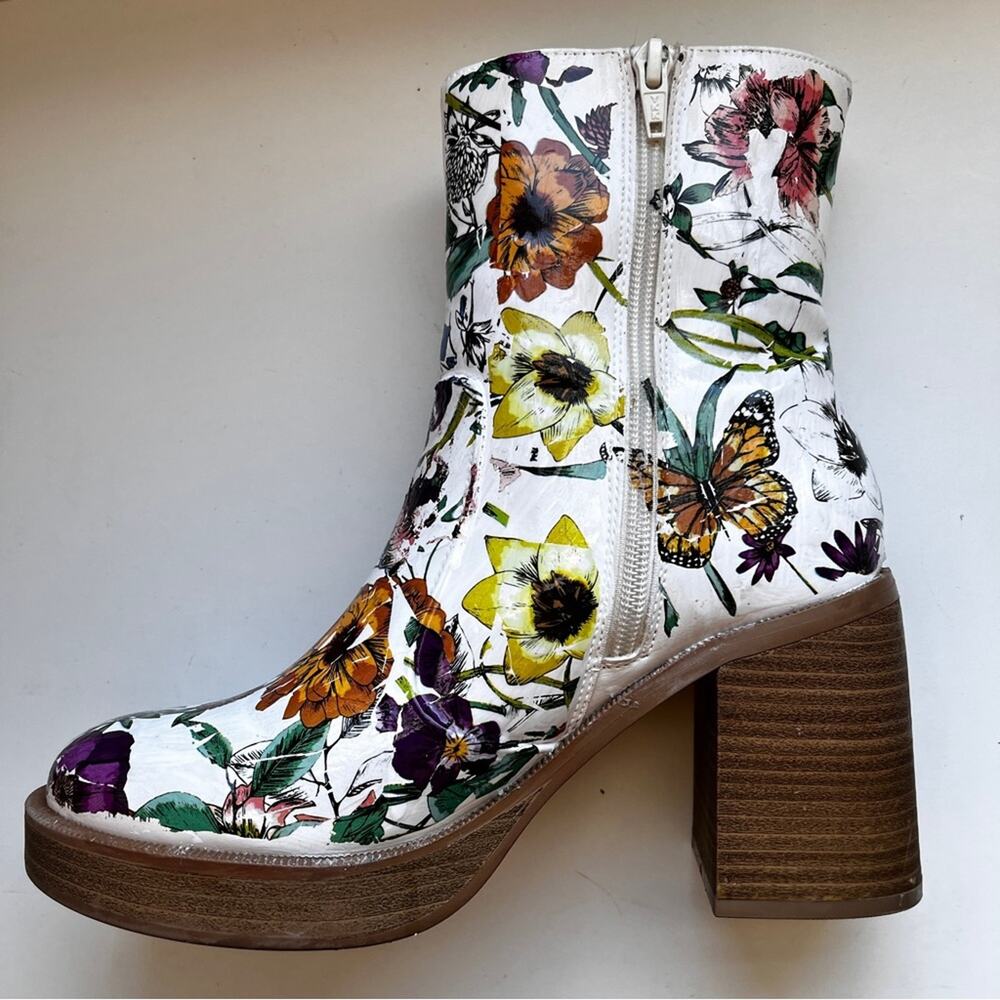 Unique custom floral foiled distressed look mid calf heeled ankle boots size 7 - Picture 3 of 11